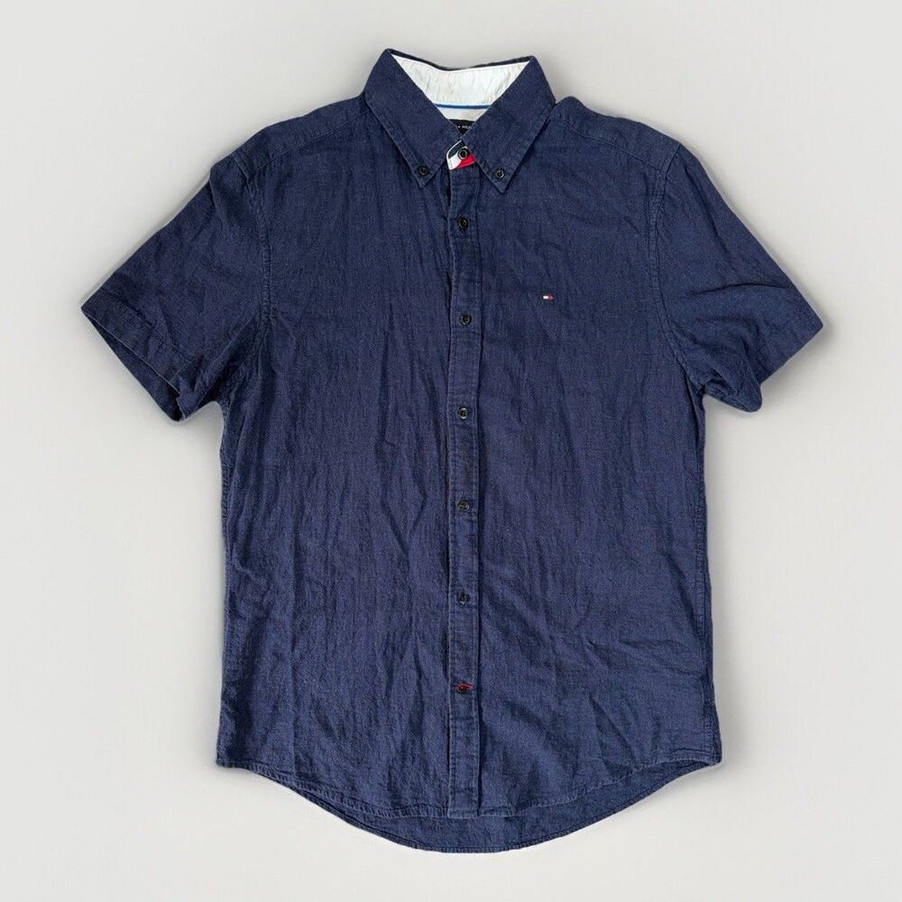 Tommy Hilfiger Flex Short Sleeve Button-Down Shirt Navy Blue Size Medium Linen
